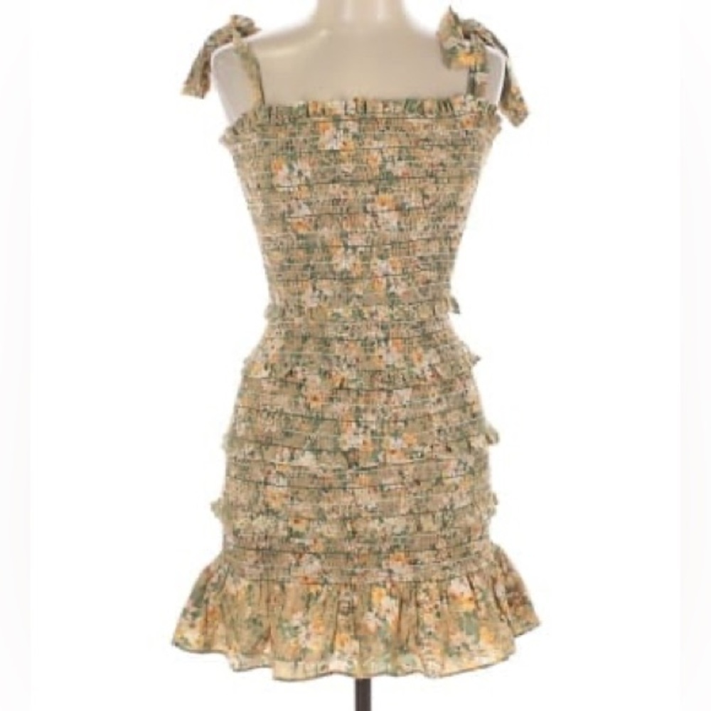 Floral mini dress with tie straps and tiered ruffle | STORIA sz small